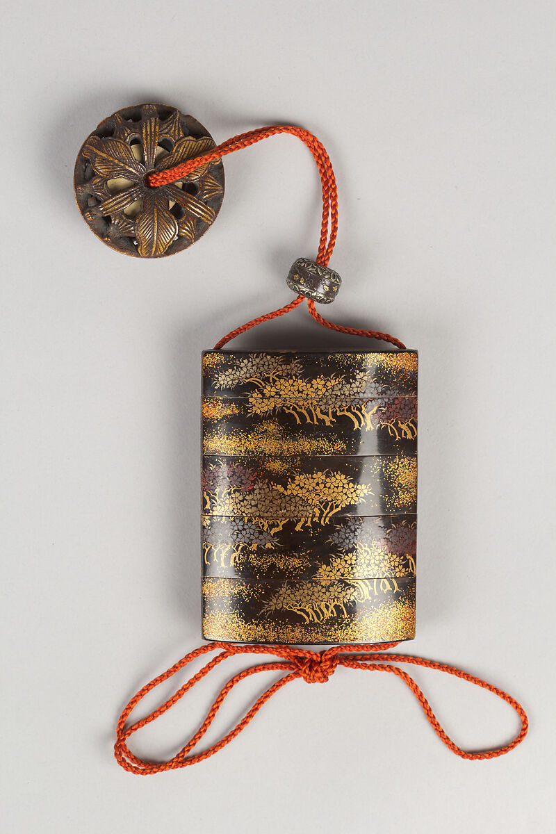 Case (Inrō) with Design of Cherry Trees with a Shintō Shrine, Colored lacquer, and gold, silver, blue, and red togidashi on black lacquer, Japan