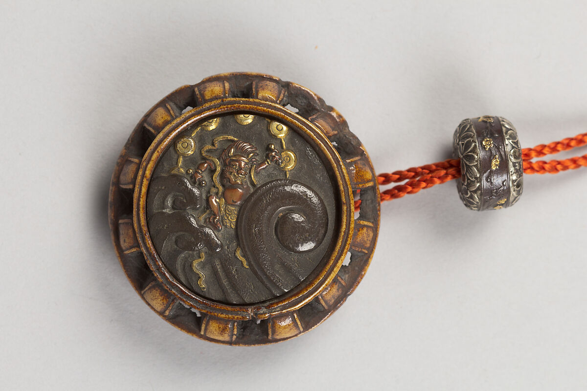 Case (Inrō) with Design of Cherry Trees with a Shintō Shrine, Colored lacquer, and gold, silver, blue, and red togidashi on black lacquer, Japan