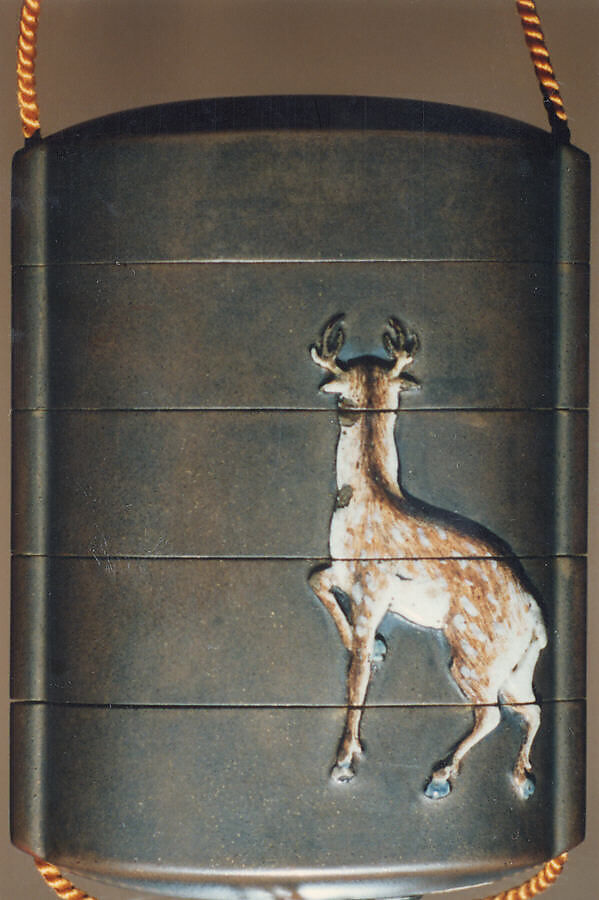 Case (Inrō) with Design of Spring Fern and Horsetail (obverse); Deer (reverse), Ogawa Haritsu (Ritsuō) (Japanese, 1663–1747), Ceramic, mother-of-pearl, pewter on brown lacquer with sprinkled gold
Ojime: bead; agate
Netsuke: ivory and wood, Japan