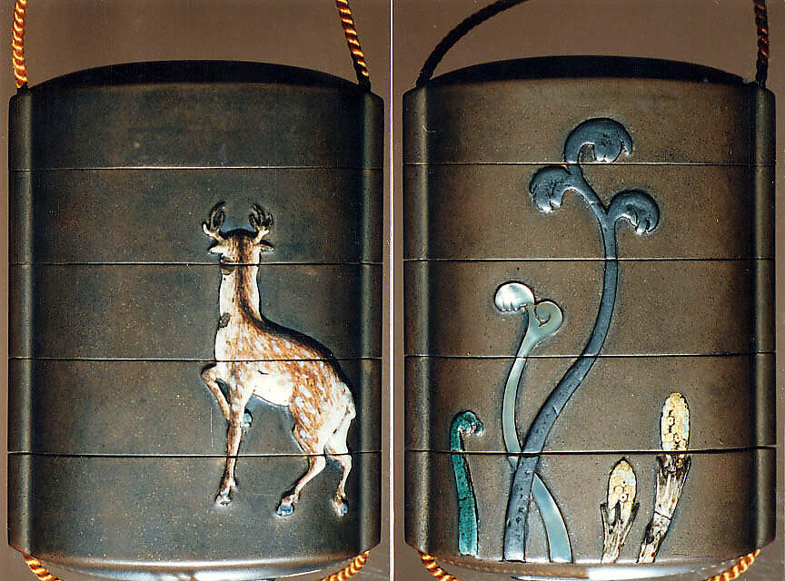 Case (Inrō) with Design of Spring Fern and Horsetail (obverse); Deer (reverse), Ogawa Haritsu (Ritsuō) (Japanese, 1663–1747), Ceramic, mother-of-pearl, pewter on brown lacquer with sprinkled gold
Ojime: bead; agate
Netsuke: ivory and wood, Japan 