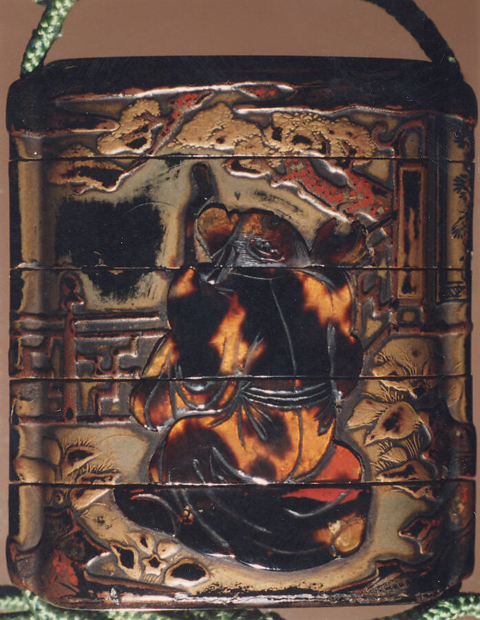 Case (Inrō) with Design of Sages Seated on Verandah, One holding a Fan, Lacquer, roiro, rubbed fundame, takamakie, tortoiseshell; Interior: nashiji and fundame, Japan