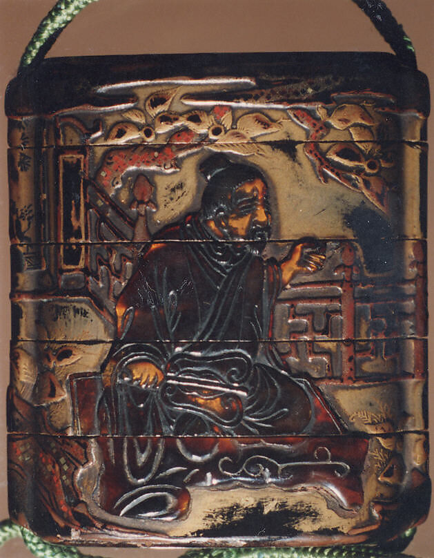 Case (Inrō) with Design of Sages Seated on Verandah, One holding a Fan, Lacquer, roiro, rubbed fundame, takamakie, tortoiseshell; Interior: nashiji and fundame, Japan