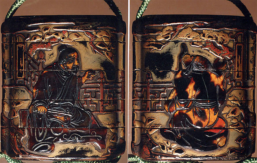 Case (Inrō) with Design of Sages Seated on Verandah, One holding a Fan, Lacquer, roiro, rubbed fundame, takamakie, tortoiseshell; Interior: nashiji and fundame, Japan 