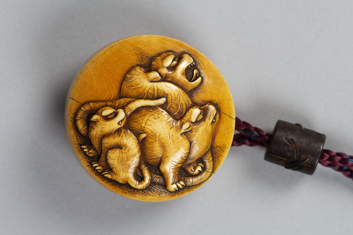 Case (Inrō) with Design of Shishi Dogs beside Rocks and Waterfall, Lacquer, roiro, yamimakie, black hiramakie, takamakie, gold metal inlay; Interior: gyobu nashiji and fundame, Japan