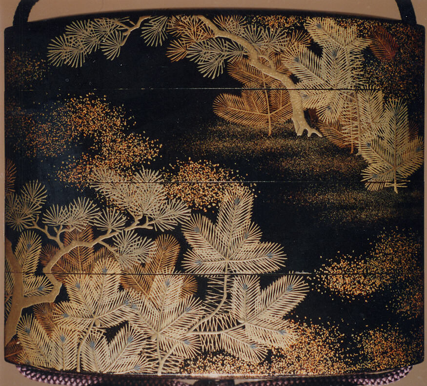 Case (Inrō) with Design of Young Pines Growing beside Gnarled Pine Trees, Lacquer, roiro, gold and silver hiramakie, togidashi, nashiji; Interior: fundame, Japan
