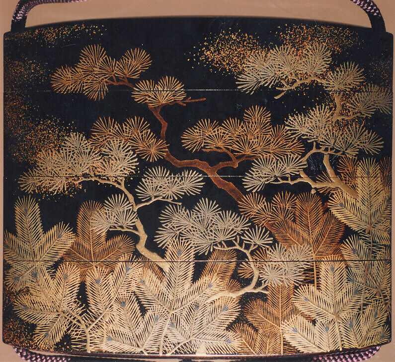 Case (Inrō) with Design of Young Pines Growing beside Gnarled Pine Trees, Lacquer, roiro, gold and silver hiramakie, togidashi, nashiji; Interior: fundame, Japan