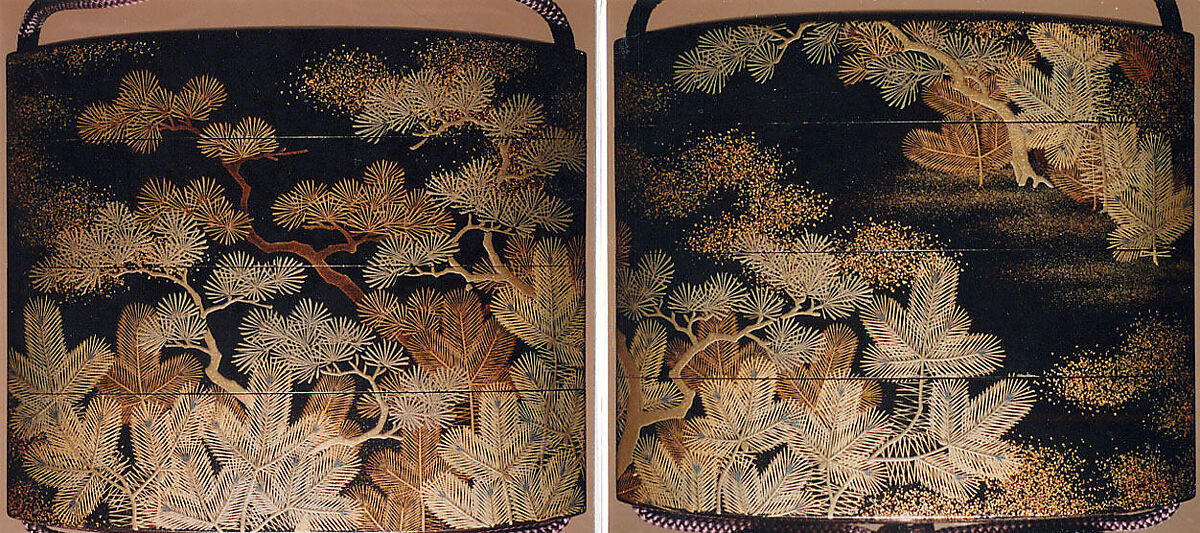 Case (Inrō) with Design of Young Pines Growing beside Gnarled Pine Trees, Lacquer, roiro, gold and silver hiramakie, togidashi, nashiji; Interior: fundame, Japan 