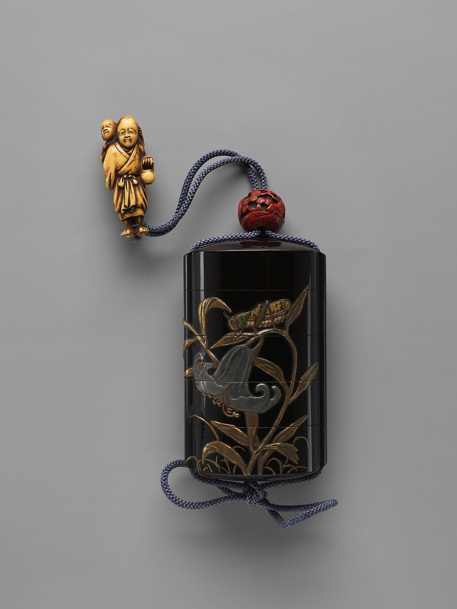 Case (Inrō) with Design of Grasshopper on Stalk of Flowering Lily, Nomura Chōkei (dates unknown) (Japanese), Case: Powdered gold (maki-e) on black lacquer with mother-of-pearl, pewter, and ceramic inlays; floral decoration on risers in incised gold; Fastener (ojime): carved red lacquer with design of Chinese sage and pine; Toggle (netsuke): stained ivory carved in the shape of a farm woman and child (signed: Homin), Japan 