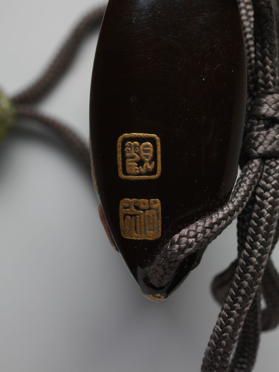 Case (Inrō) with Design of Poppies, Case: powdered gold (maki-e) and gold and colored lacquer on black lacquer with pewter and ceramic inlays; floral decoration on risers in incised gold; Fastener (ojime): stained wood carved in the shape of a peach; Toggle (netsuke): black lacquer with design of pussy-willow branches in pewter and ceramic inlays and metal wire, Japan