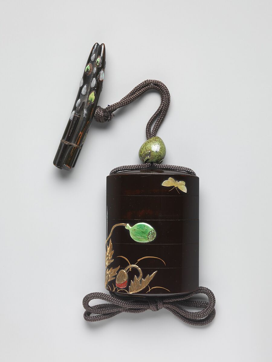 Case (Inrō) with Design of Poppies, Case: powdered gold (maki-e) and gold and colored lacquer on black lacquer with pewter and ceramic inlays; floral decoration on risers in incised gold; Fastener (ojime): stained wood carved in the shape of a peach; Toggle (netsuke): black lacquer with design of pussy-willow branches in pewter and ceramic inlays and metal wire, Japan