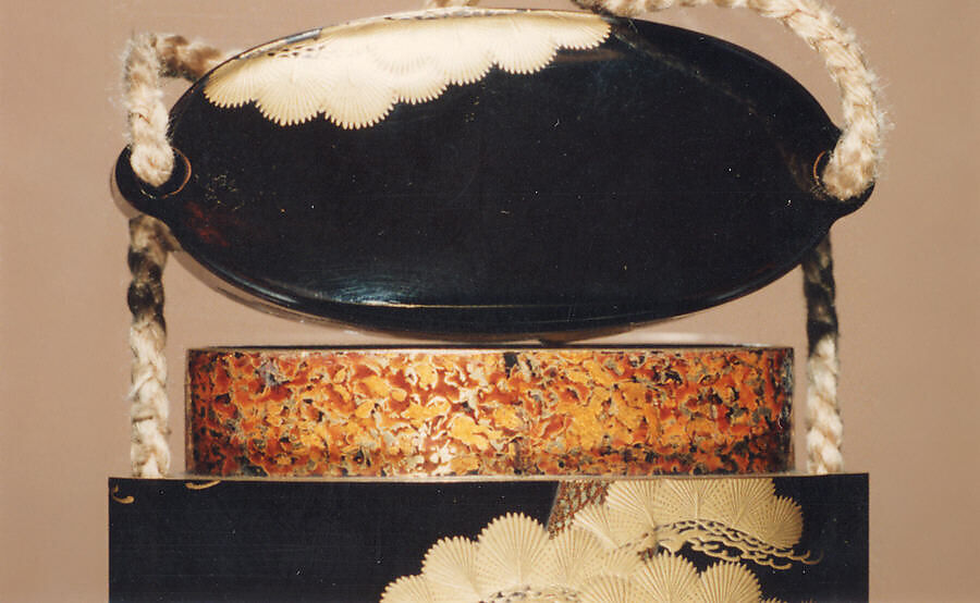 Case (Inrō) with Design of Cranes Standing Beneath a Gnarled Pine Tree and Netsuke Depicting Yoshitsune and Benkei, Hogen Kosen, Lacquer, roiro, gold, silver, black, brown and red hiramakie; Interior: gyobu and fundame, Japan