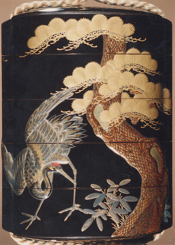 Case (Inrō) with Design of Cranes Standing Beneath a Gnarled Pine Tree and Netsuke Depicting Yoshitsune and Benkei, Hogen Kosen, Lacquer, roiro, gold, silver, black, brown and red hiramakie; Interior: gyobu and fundame, Japan
