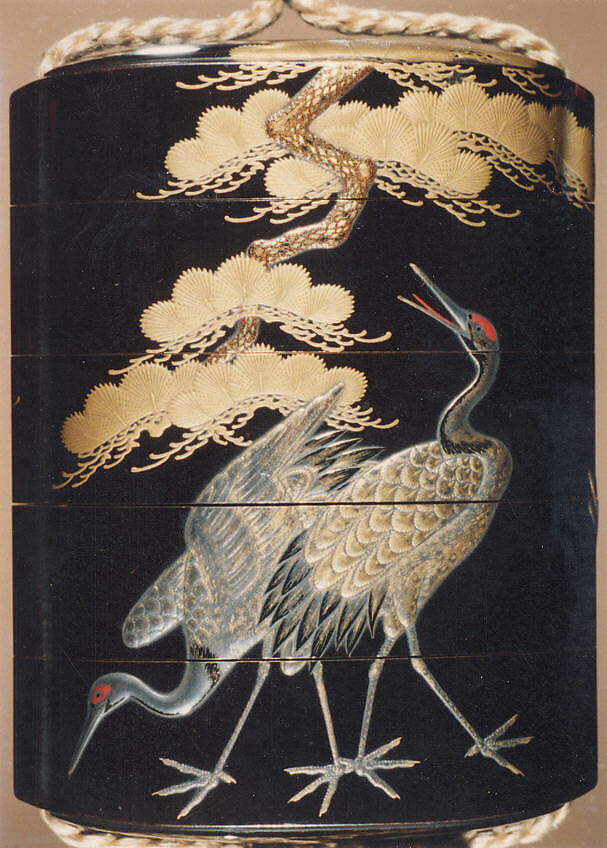 Case (Inrō) with Design of Cranes Standing Beneath a Gnarled Pine Tree and Netsuke Depicting Yoshitsune and Benkei, Hogen Kosen, Lacquer, roiro, gold, silver, black, brown and red hiramakie; Interior: gyobu and fundame, Japan