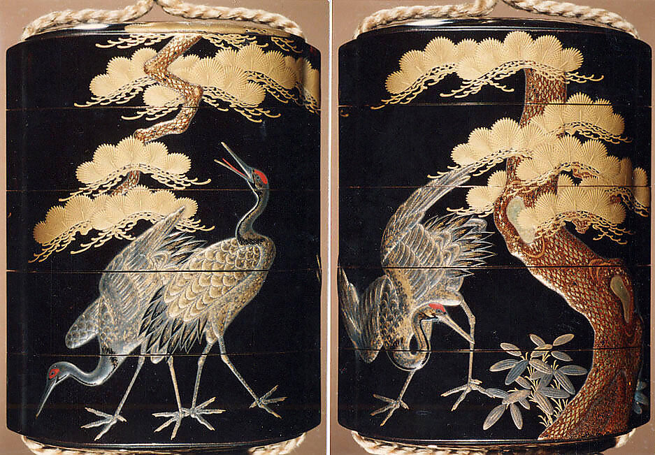 Case (Inrō) with Design of Cranes Standing Beneath a Gnarled Pine Tree and Netsuke Depicting Yoshitsune and Benkei, Hogen Kosen, Lacquer, roiro, gold, silver, black, brown and red hiramakie; Interior: gyobu and fundame, Japan