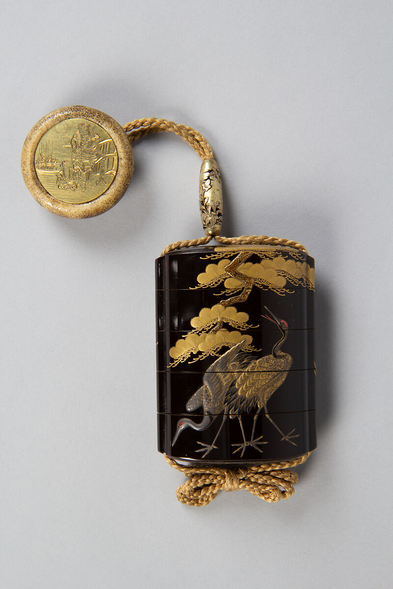 Case (Inrō) with Design of Cranes Standing Beneath a Gnarled Pine Tree and Netsuke Depicting Yoshitsune and Benkei, Hogen Kosen, Lacquer, roiro, gold, silver, black, brown and red hiramakie; Interior: gyobu and fundame, Japan 