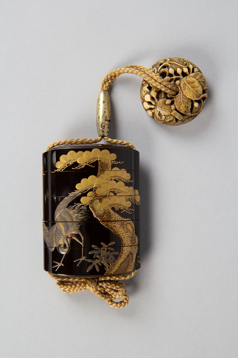 Case (Inrō) with Design of Cranes Standing Beneath a Gnarled Pine Tree and Netsuke Depicting Yoshitsune and Benkei, Hogen Kosen, Lacquer, roiro, gold, silver, black, brown and red hiramakie; Interior: gyobu and fundame, Japan