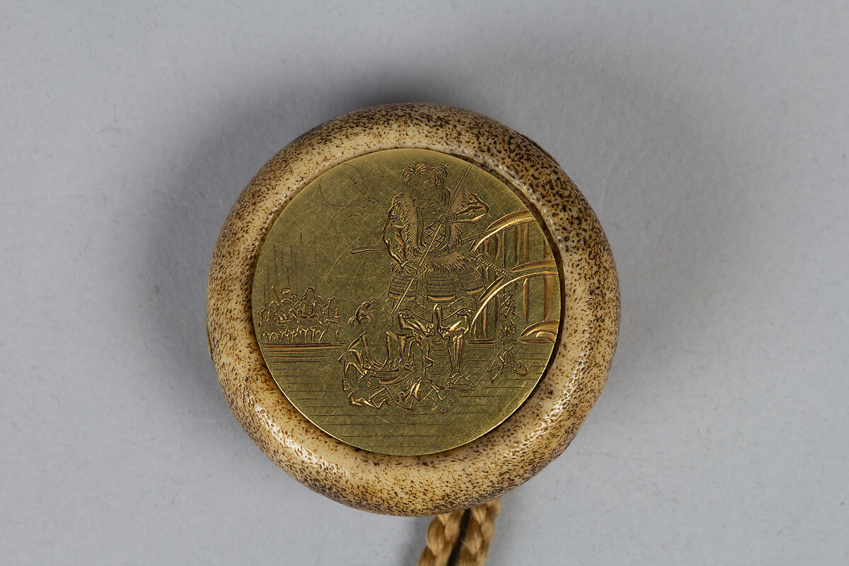 Case (Inrō) with Design of Cranes Standing Beneath a Gnarled Pine Tree and Netsuke Depicting Yoshitsune and Benkei, Hogen Kosen, Lacquer, roiro, gold, silver, black, brown and red hiramakie; Interior: gyobu and fundame, Japan