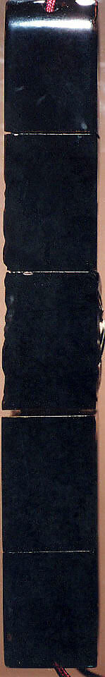 Case (Inrō) with Design of Daruma (obverse); Panel with Inscription (reverse), Lacquer, roiro, black hiramakie, takamakie, incised, coloured pottery inlay; Interior: roiro and fundame, Japan