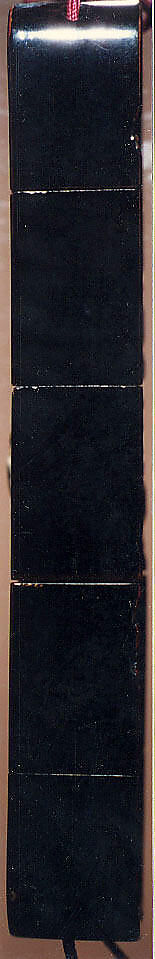 Case (Inrō) with Design of Daruma (obverse); Panel with Inscription (reverse), Lacquer, roiro, black hiramakie, takamakie, incised, coloured pottery inlay; Interior: roiro and fundame, Japan