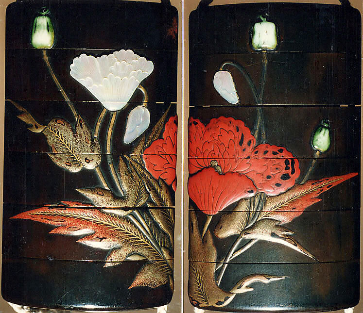 Case (Inrō) with Design of Flowering Poppies, Lacquer, dark brown ground, raden, red and gold hiramakie, ceramic inlay; Interior: red lacquer and fundame, Japan 
