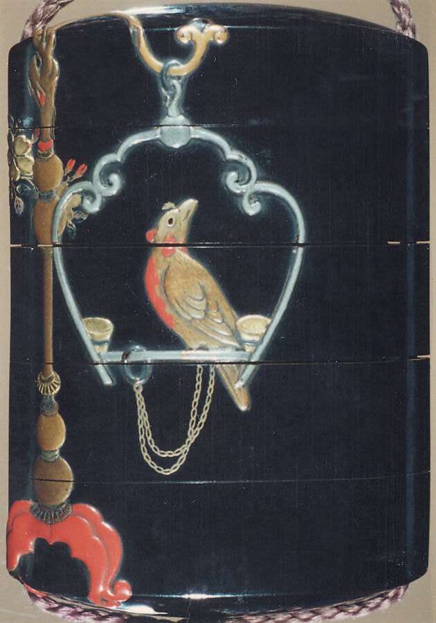 Case (Inrō) with Flowering Cherry Tree (obverse); Parrot in Ornamental Swing (reverse), Lacquer, roiro, gold, red and silver hiramakie, aogai, pewter inlay; Interior: nashiji and fundame, Japan