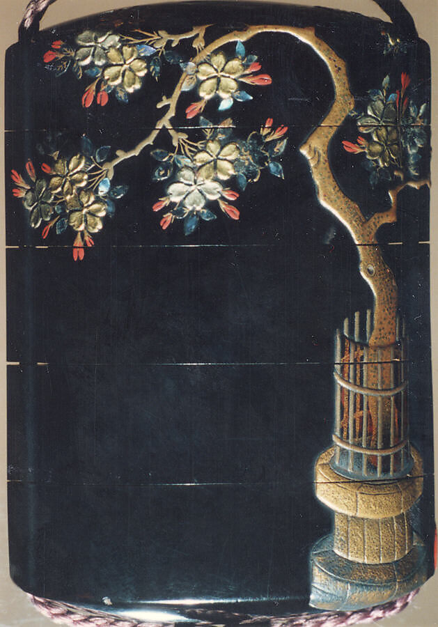 Case (Inrō) with Flowering Cherry Tree (obverse); Parrot in Ornamental Swing (reverse), Lacquer, roiro, gold, red and silver hiramakie, aogai, pewter inlay; Interior: nashiji and fundame, Japan