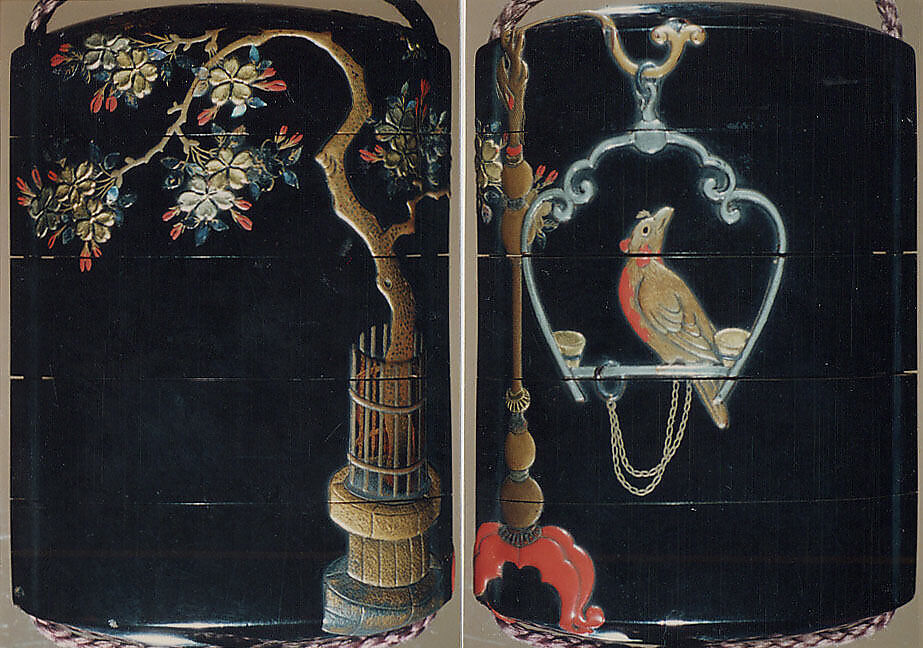 Case (Inrō) with Flowering Cherry Tree (obverse); Parrot in Ornamental Swing (reverse), Lacquer, roiro, gold, red and silver hiramakie, aogai, pewter inlay; Interior: nashiji and fundame, Japan 