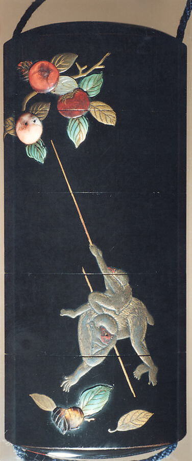 Case (Inrō) with Design of Monkeys Trying to get Persimmons with Stick (obverse); Hawk in Persimmon Tree (reverse), Hanabusa Itchō (Japanese, 1652–1724), Lacquer, roiro, gold, silver, brown and red hiramakie, various inlay; Interior: nashiji and fundame, Japan