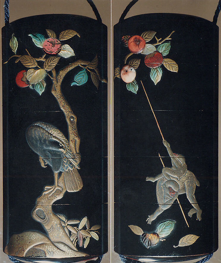 Case (Inrō) with Design of Monkeys Trying to get Persimmons with Stick (obverse); Hawk in Persimmon Tree (reverse), Hanabusa Itchō (Japanese, 1652–1724), Lacquer, roiro, gold, silver, brown and red hiramakie, various inlay; Interior: nashiji and fundame, Japan 