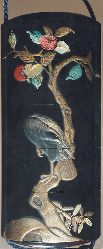 Case (Inrō) with Design of Monkeys Trying to get Persimmons with Stick (obverse); Hawk in Persimmon Tree (reverse), Hanabusa Itchō (Japanese, 1652–1724), Lacquer, roiro, gold, silver, brown and red hiramakie, various inlay; Interior: nashiji and fundame, Japan