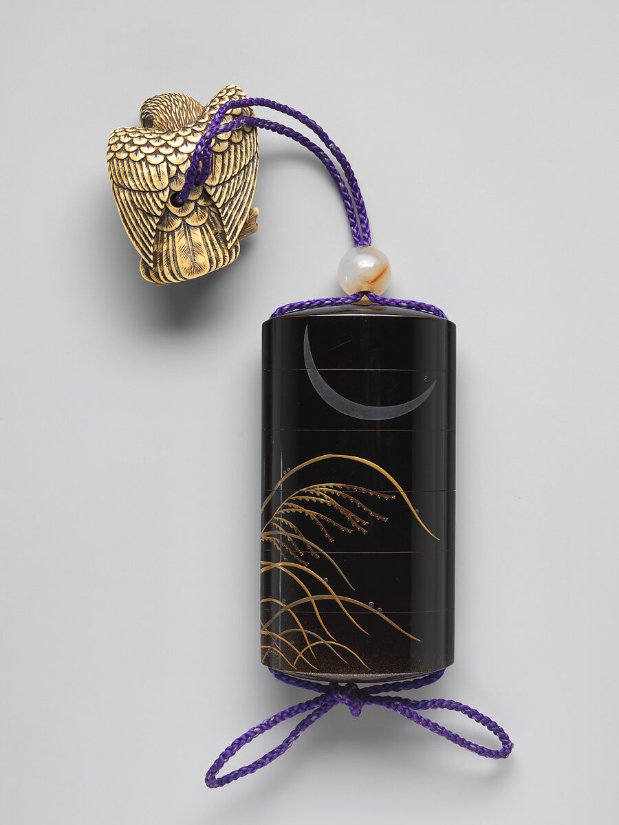 Case (Inrō) with Design of Eulalia Grass and Deer, Case: powdered gold (maki-e), gold, silver, and gold foil on black lacquer with shell inlay; Fastener (ojime): white agate; Toggle (netsuke): ivory carved in the shape of an eagle catching a fox, Japan