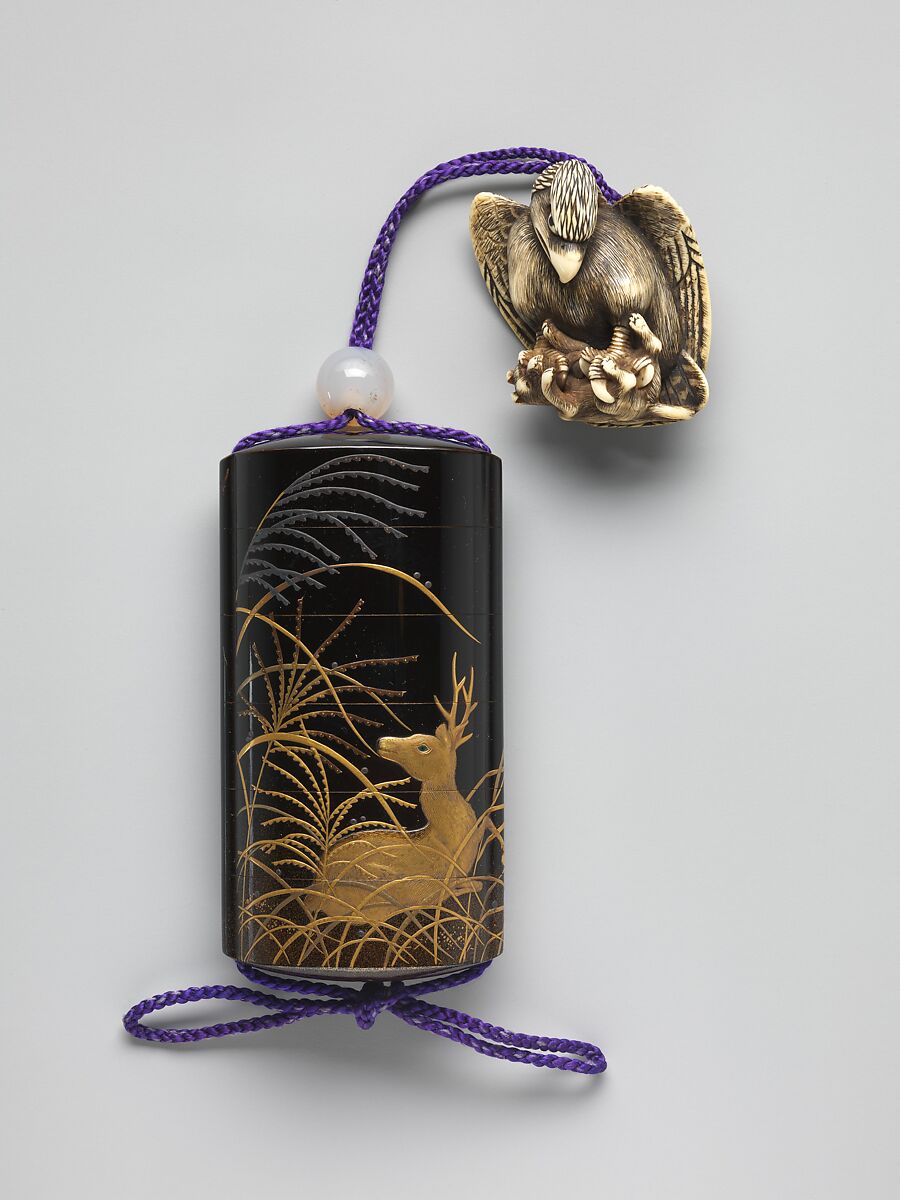 Case (Inrō) with Design of Eulalia Grass and Deer, Case: powdered gold (maki-e), gold, silver, and gold foil on black lacquer with shell inlay; Fastener (ojime): white agate; Toggle (netsuke): ivory carved in the shape of an eagle catching a fox, Japan 