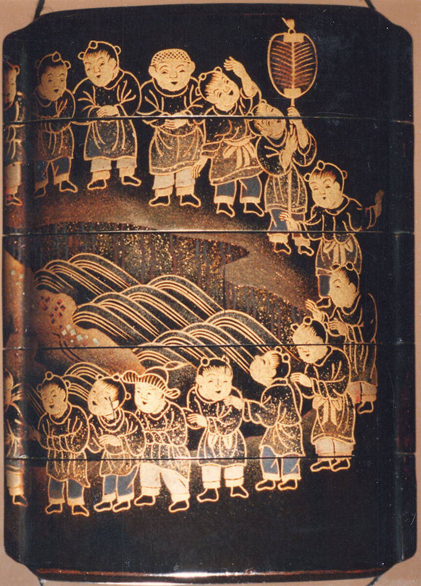 Case (Inrō) with Design of Children in a Circle around a Dragon Pond, Lacquer, roiro, gold and silver togidashi, nashiji; Interior: nashiji and fundame, Japan