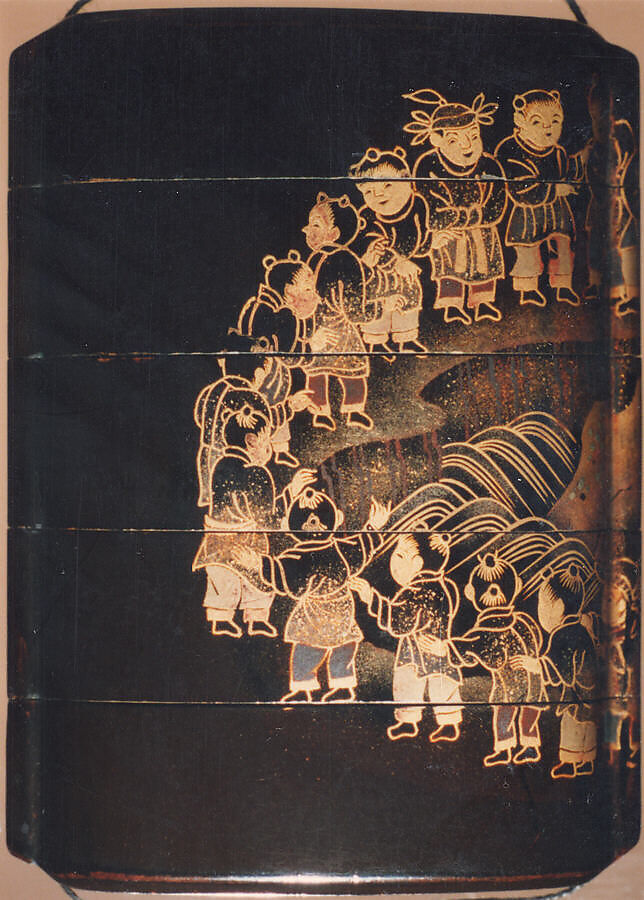Case (Inrō) with Design of Children in a Circle around a Dragon Pond, Lacquer, roiro, gold and silver togidashi, nashiji; Interior: nashiji and fundame, Japan