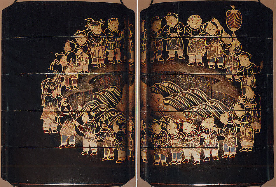 Case (Inrō) with Design of Children in a Circle around a Dragon Pond, Lacquer, roiro, gold and silver togidashi, nashiji; Interior: nashiji and fundame, Japan 