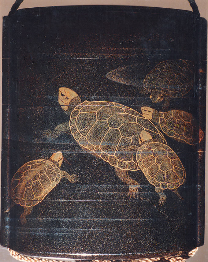 Case (Inrō) with Design of Tortoises Swimming, Lacquer, roiro, nashiji, gold and coloured togidashi; Interior: roiro and fundame, Japan