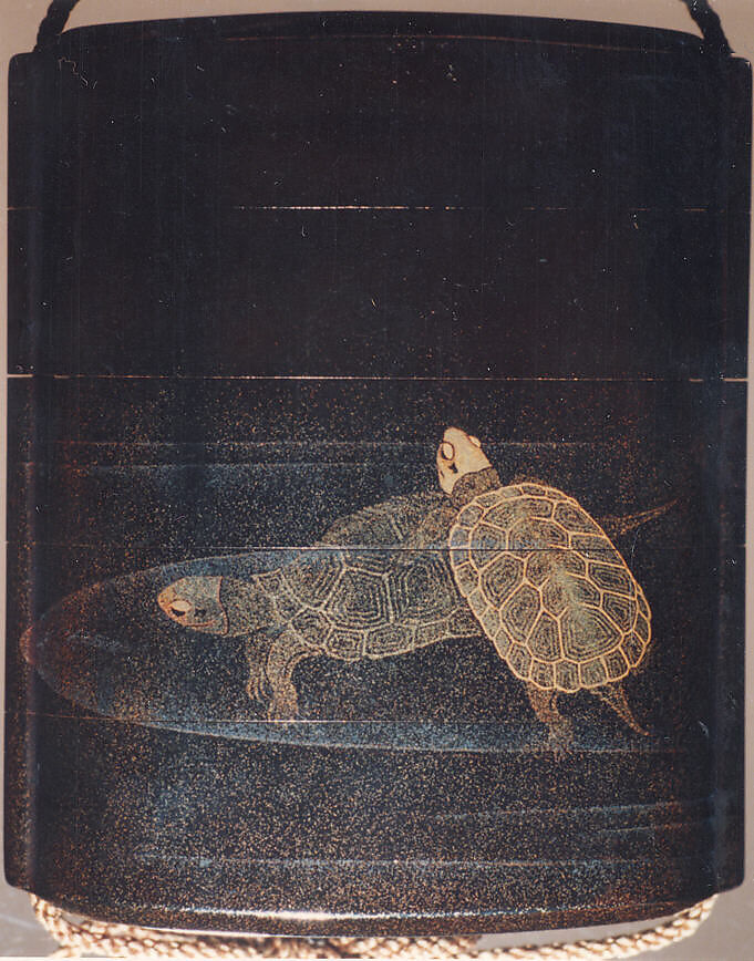 Case (Inrō) with Design of Tortoises Swimming, Lacquer, roiro, nashiji, gold and coloured togidashi; Interior: roiro and fundame, Japan