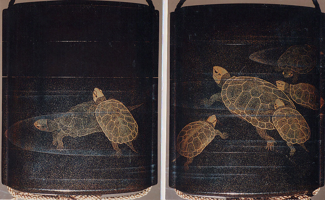 Case (Inrō) with Design of Tortoises Swimming, Lacquer, roiro, nashiji, gold and coloured togidashi; Interior: roiro and fundame, Japan 