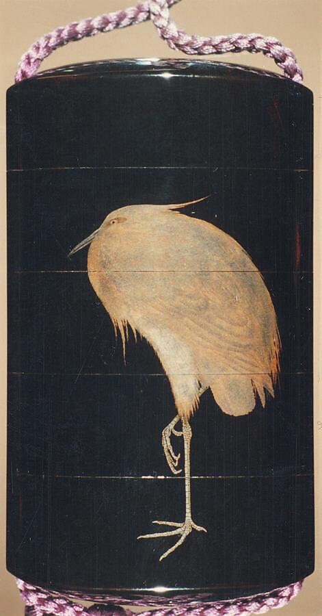 Case (Inrō) with Design of Heron Standing on One Leg (obverse); Full Moon among Clouds (reverse), Silver, gold, color togidashi/maki-e on black ground; 
Interior: nashiji and fundame, Japan