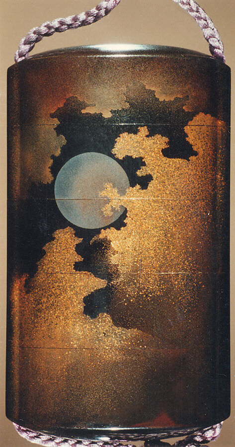 Case (Inrō) with Design of Heron Standing on One Leg (obverse); Full Moon among Clouds (reverse), Silver, gold, color togidashi/maki-e on black ground; 
Interior: nashiji and fundame, Japan