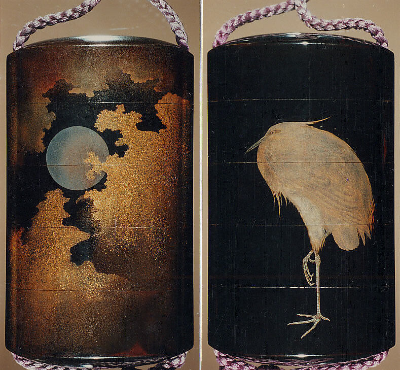 Case (Inrō) with Design of Heron Standing on One Leg (obverse); Full Moon among Clouds (reverse), Silver, gold, color togidashi/maki-e on black ground; 
Interior: nashiji and fundame, Japan 