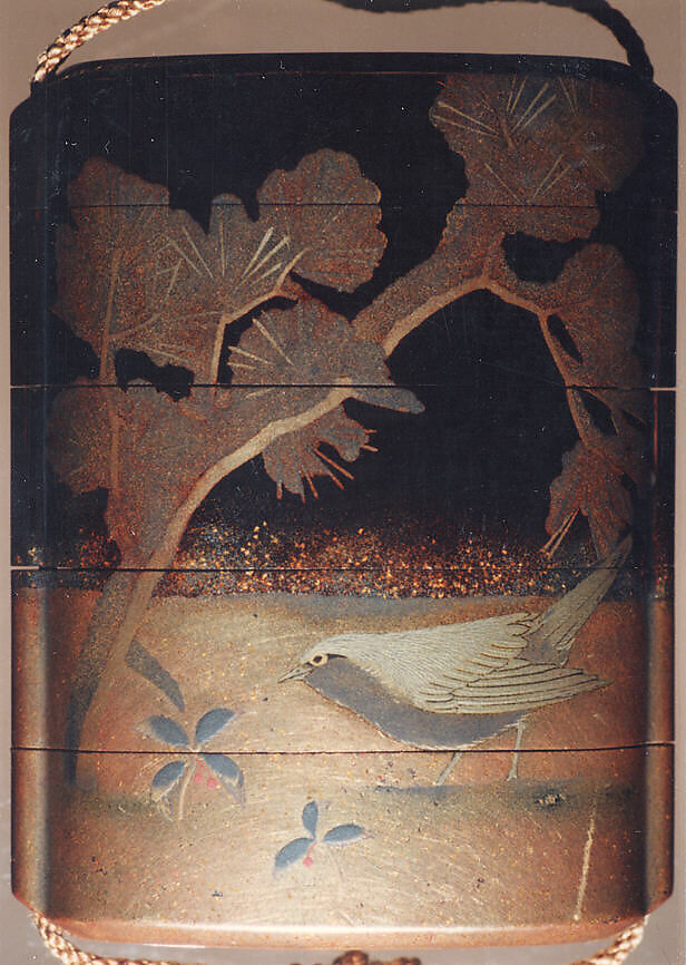 Case (Inrō) with Design of Bird Seated on Snowy Pine Branch (obverse); Bird beside Red Berry Plant (reverse), Lacquer, roiro, fundame, nashiji, gold, silver and red togidashi; Interior: roiro and fundame, Japan
