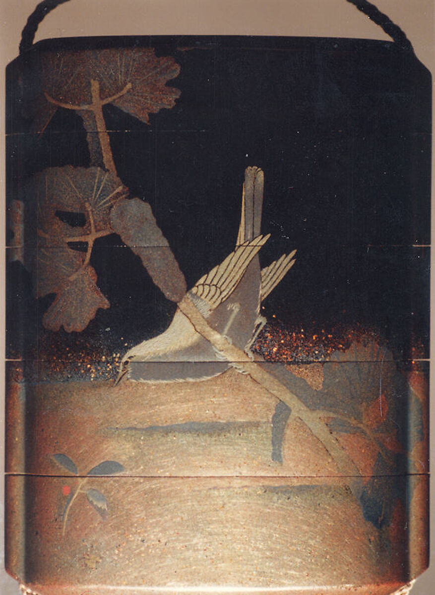 Case (Inrō) with Design of Bird Seated on Snowy Pine Branch (obverse); Bird beside Red Berry Plant (reverse), Lacquer, roiro, fundame, nashiji, gold, silver and red togidashi; Interior: roiro and fundame, Japan