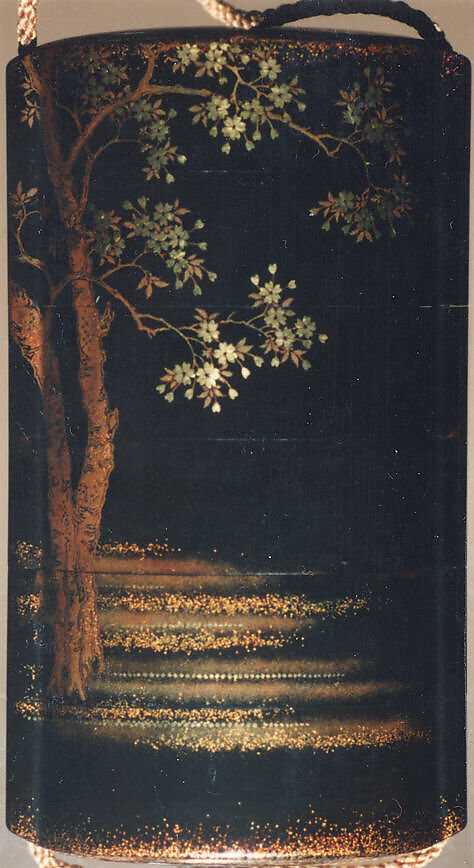 Case (Inrō) with Design of Two Tengu (Goblins) with Knapsack and Gourd, under a Cherry Tree, Lacquer, roiro, gold and coloured togidashi, gold and silver foil, aogai; Interior: nashiji and fundame, Japan