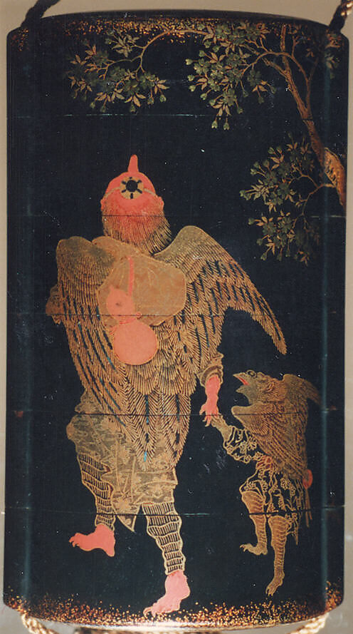 Case (Inrō) with Design of Two Tengu (Goblins) with Knapsack and Gourd, under a Cherry Tree, Lacquer, roiro, gold and coloured togidashi, gold and silver foil, aogai; Interior: nashiji and fundame, Japan