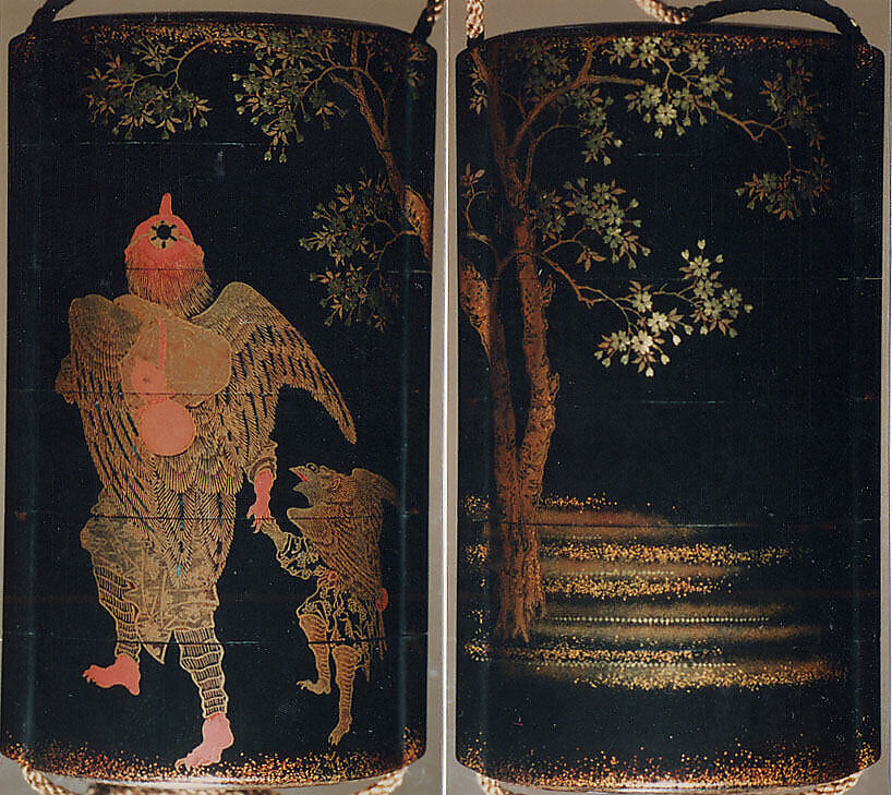 Case (Inrō) with Design of Two Tengu (Goblins) with Knapsack and Gourd, under a Cherry Tree, Lacquer, roiro, gold and coloured togidashi, gold and silver foil, aogai; Interior: nashiji and fundame, Japan 