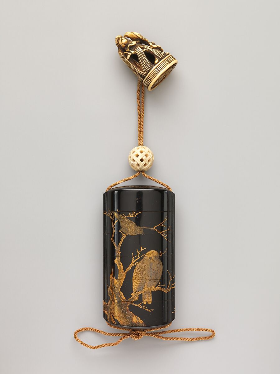 Inrō with Owl and Crows in Tree, Black lacquer ground with gold and silver togidashi maki-e and e-nashijiNetsuke: seal-shaped with sheaf of rice around peony with pecking bird; ivoryOjime: woven ball; caved and pierced bone, Japan 