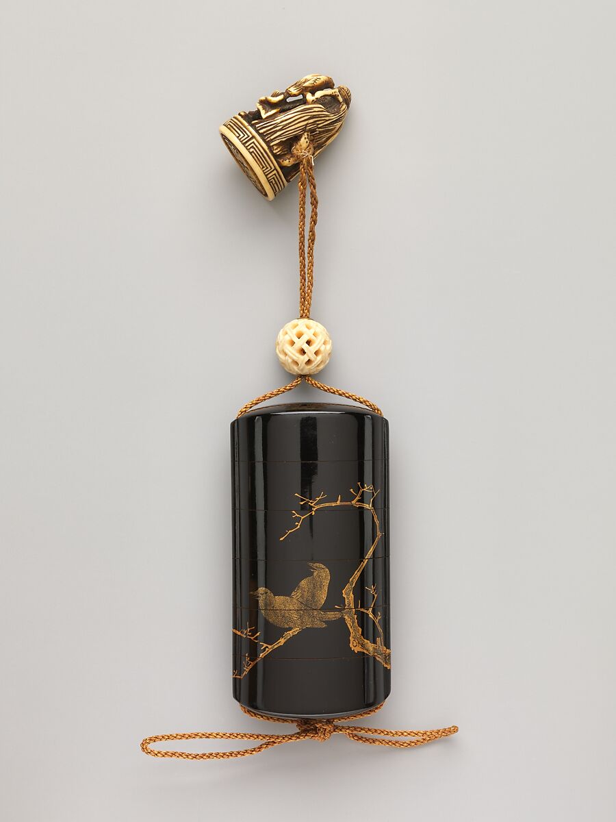 Inrō with Owl and Crows in Tree, Black lacquer ground with gold and silver togidashi maki-e and e-nashijiNetsuke: seal-shaped with sheaf of rice around peony with pecking bird; ivoryOjime: woven ball; caved and pierced bone, Japan