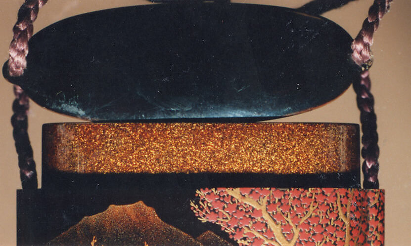 Case (Inrō) with Design of Pavilion on Rocks above Waves, with Flowering Plum Trees, Lacquer, roiro, gold and red hiramakie, gold and silber togidashi, nashiji; Interior: nashiji and fundame, Japan