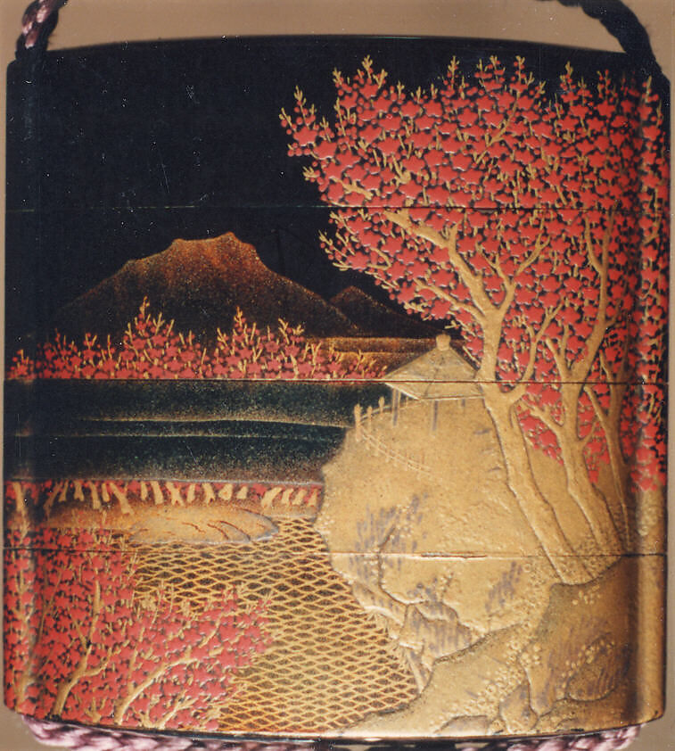 Case (Inrō) with Design of Pavilion on Rocks above Waves, with Flowering Plum Trees, Lacquer, roiro, gold and red hiramakie, gold and silber togidashi, nashiji; Interior: nashiji and fundame, Japan